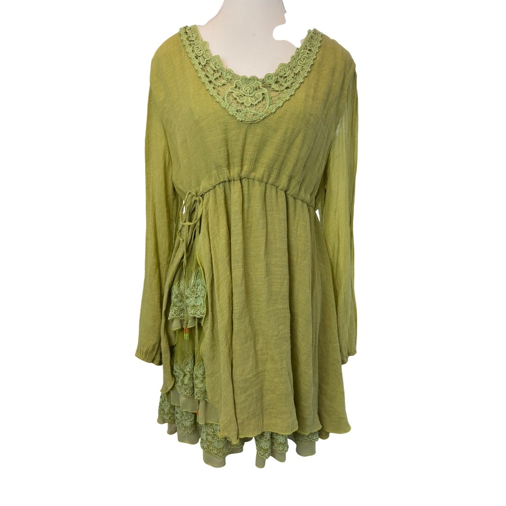 Urban Mangoz XL Green Crochet Lace Boho Tiered Tunic Mini Dress Fairy Whimsigoth